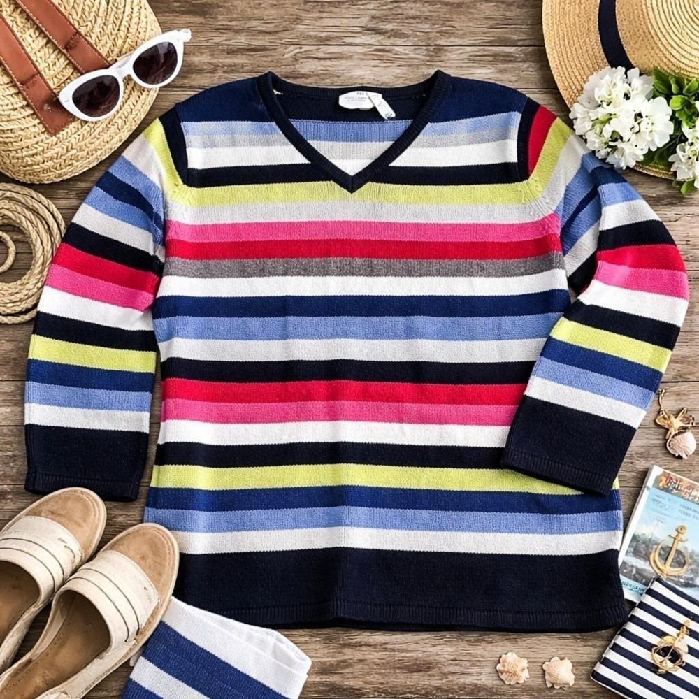Elisabeth Liz‎ Claiborne Sweater Women 1X Multicolor Striped V-Neck Knit Classic